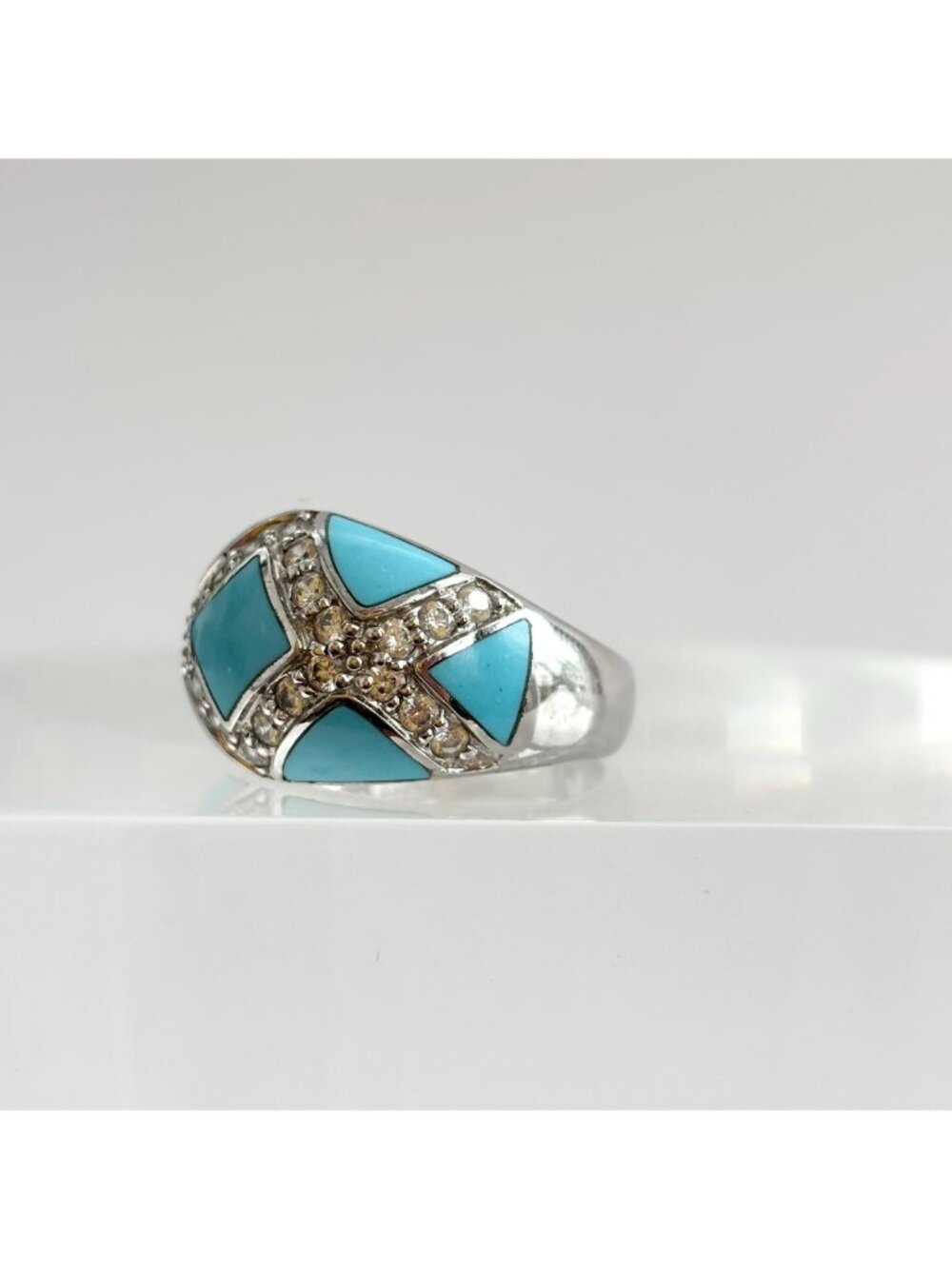Sleeping Beauty Turquoise Geometric Sterling Silver 925 Vintage Ring - sz 7.75 - Picture 5 of 14